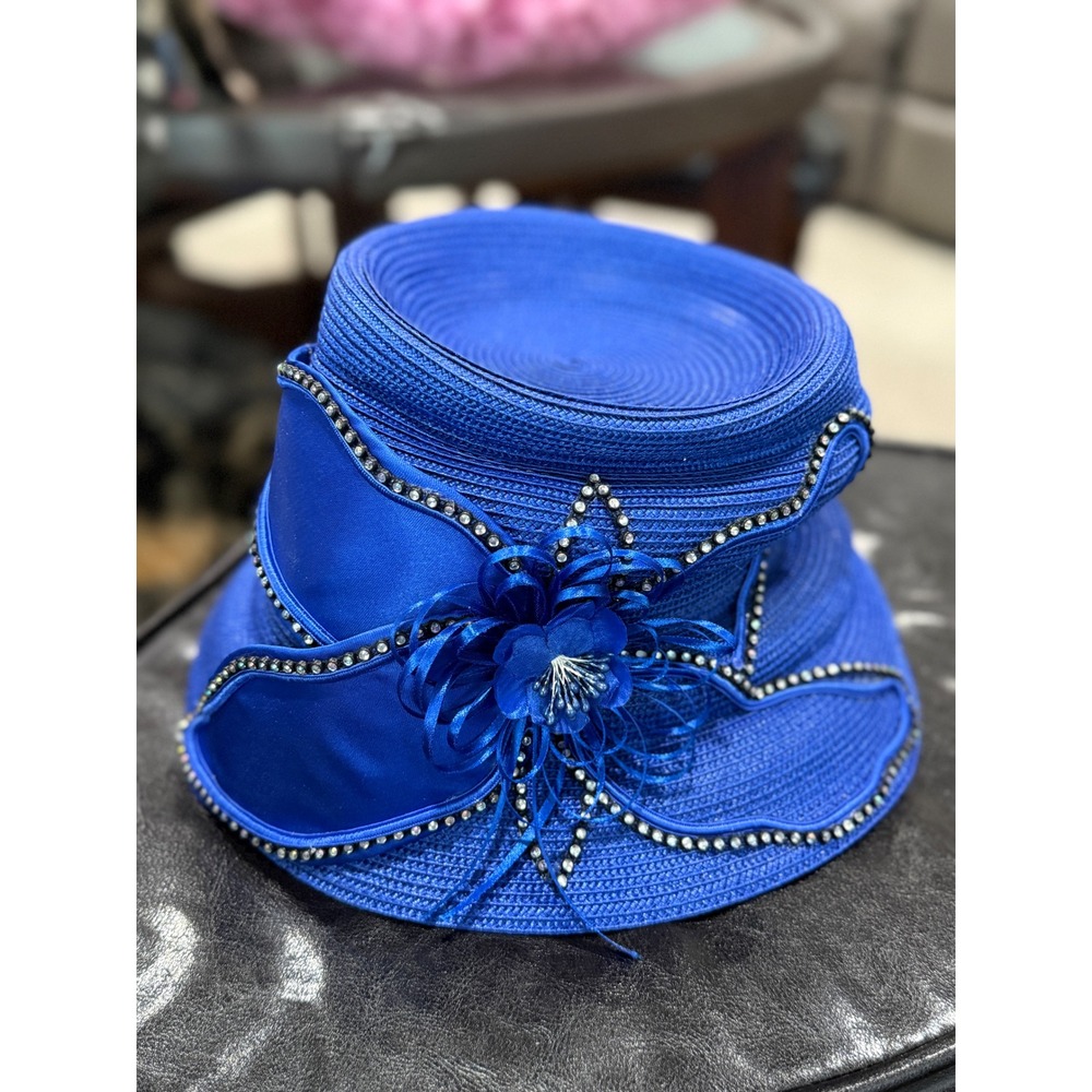 Hi's Classic Royal Blue Straw Sun Hat‎ with Rhinestone Flower Accent